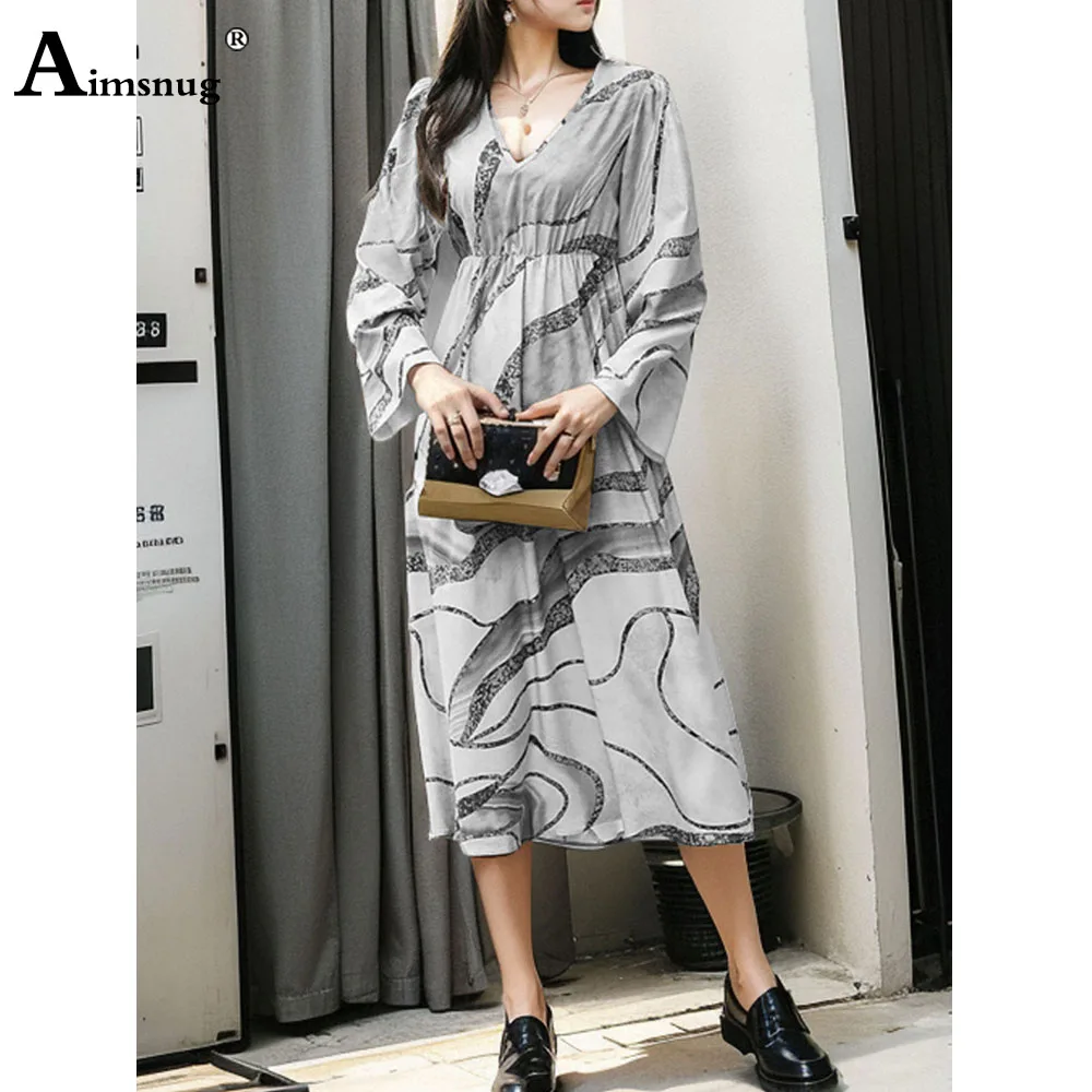 Women Elegant Mid-Calf Dress Long Sleeve Vintage 3D Print Formal Party Dresses 2024 New Summer Boho Straight Dress Femme Robe