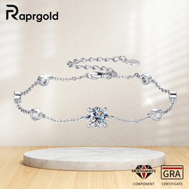 

RAPRGOLD GRA Certified 1CT Round Moissanite Classic Bracelet for Women 925 Sterling Silver Bracelets Chains Wedding Jewelry Gift