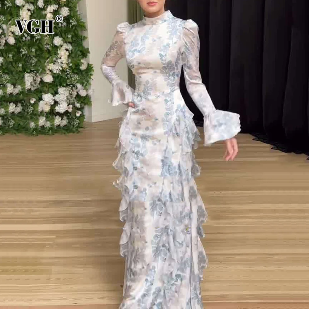 

VGH Slimming Spliced Folds Printing Designer Dresses For Women Stand Collar Long Sleeve High Waist Elegant Dress Female Style