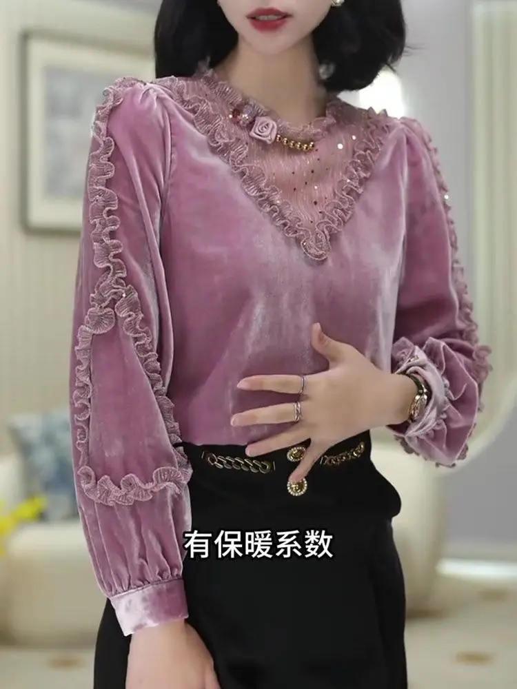 Winter Pink Long-sleeved Velvet Shirt for Women 2025 Autumn New Fashionable and Versatile Top Blouses for Women Sexy Lady Tops