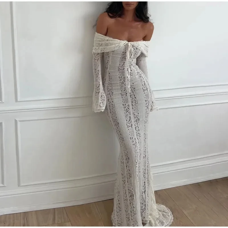 

Hollow Out Lace Backless Slim Long Dress Women Strapless Lace Up Off Shoulder Dresses Chic 2025 New Sexy Female Party Club Robes