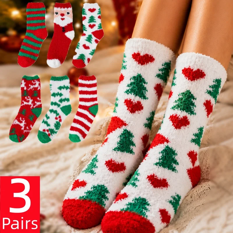 3 Pairs Coral Fleece Warm Christmas Socks Autumn Winter Adorable Mid-Calf Socks Santa Reindeer Socks Christmas Gift