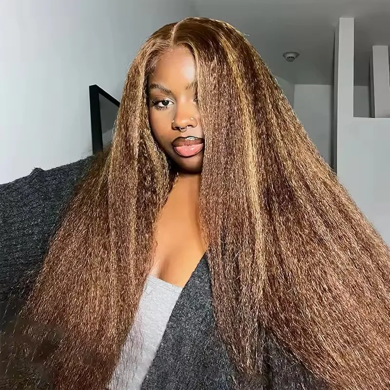 Kinky Straight 100% Remy Human Hair Highlight Honey Brown Easy Wear Glueless Full U Part Wigs for Black Women Yaki Straight Hair