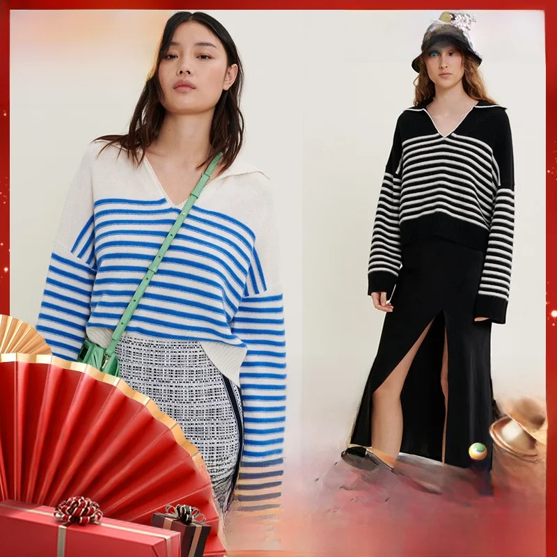 

M Home Early Spring Knitted Loose Striped Sweater V-Ne Collar Long Sve Office Sle Women's Premium Knitwear