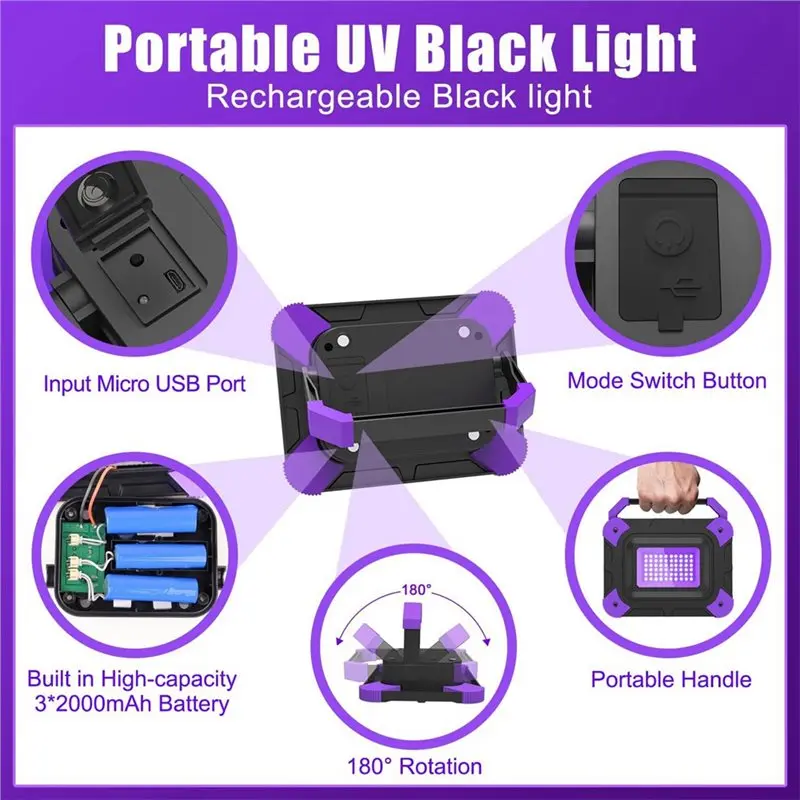 GOOD-Outdoor Fishing Cordless Rechargeable Black Light Ultra Violet Flood Light For Glow Party 2PCS