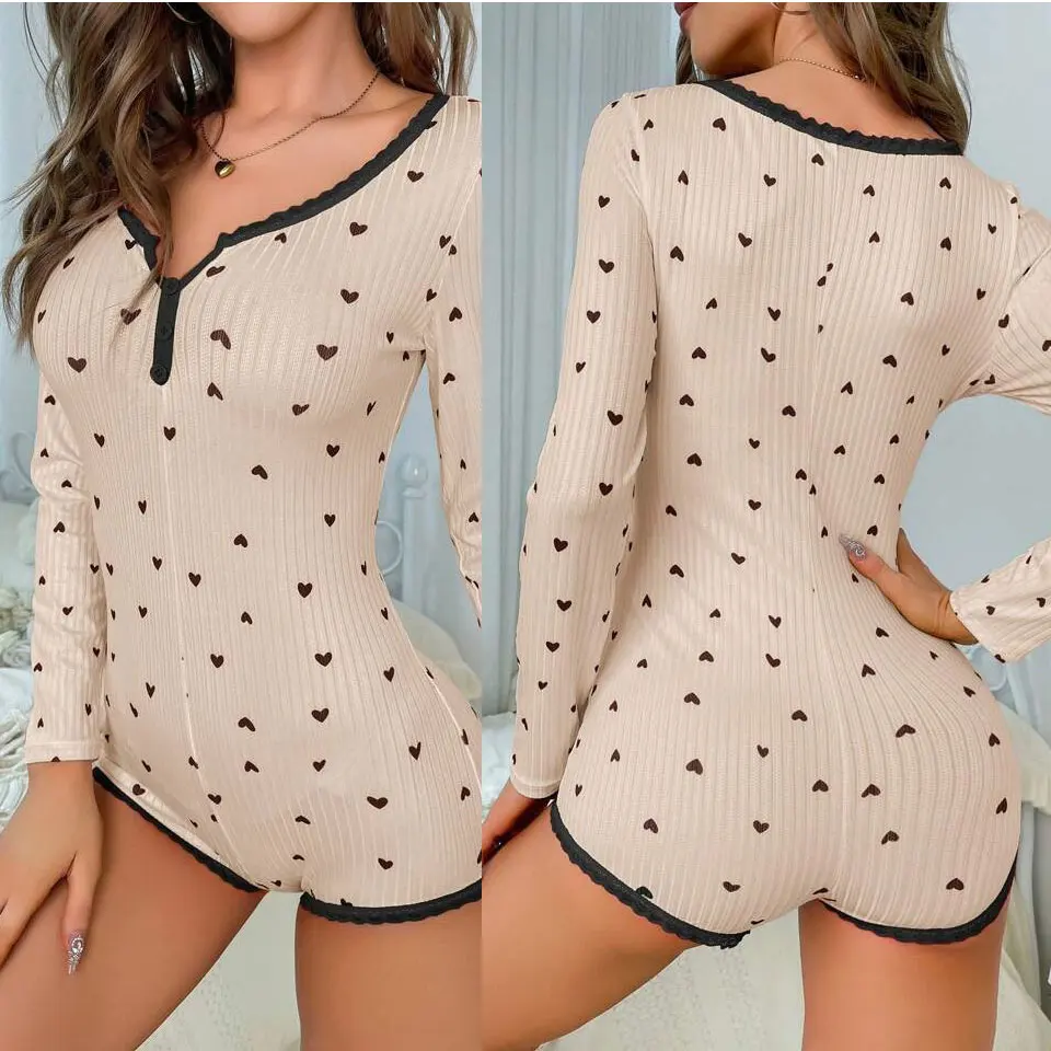 

Женская пижама-комбинезон с принтом и длинными рукавами, удобная дышащая домашняя одежда с V-образным вырезом и короткими штанами, подходит для всех сезонов