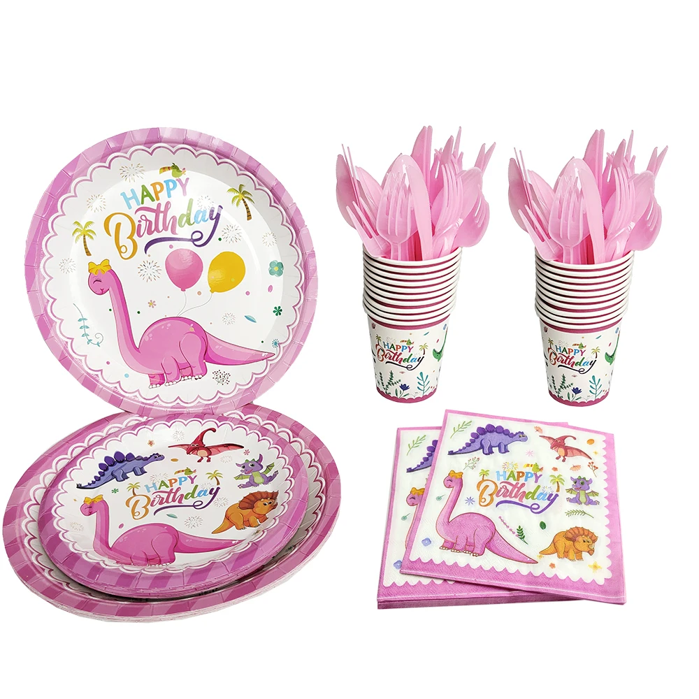 New Pink Dinosaur Tableware Birthday Party Disposable Tableware Girls Party Decorations Dinosaur Party Decor Tableware Supplies