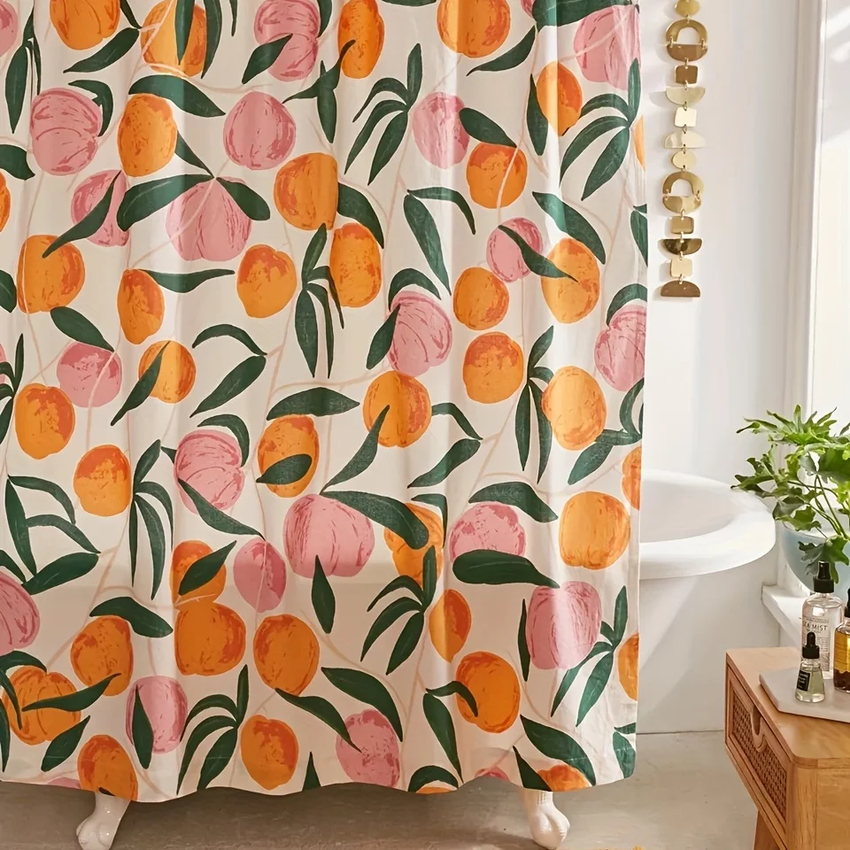 Decorate your bathroom with this vibrant orange apple shower curtain with hooks!