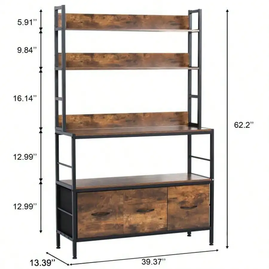 Kitchen Bakers Rack With 3 Baskets,5-Tier Free Standing Kitchen Storage Shelf Rack,Industrial Microwave Oven Stand,Metal Kitchen Organizer Rack With Hooks,Coffee Bar Station,Kitchen Furniture,Brown/Black view 3
