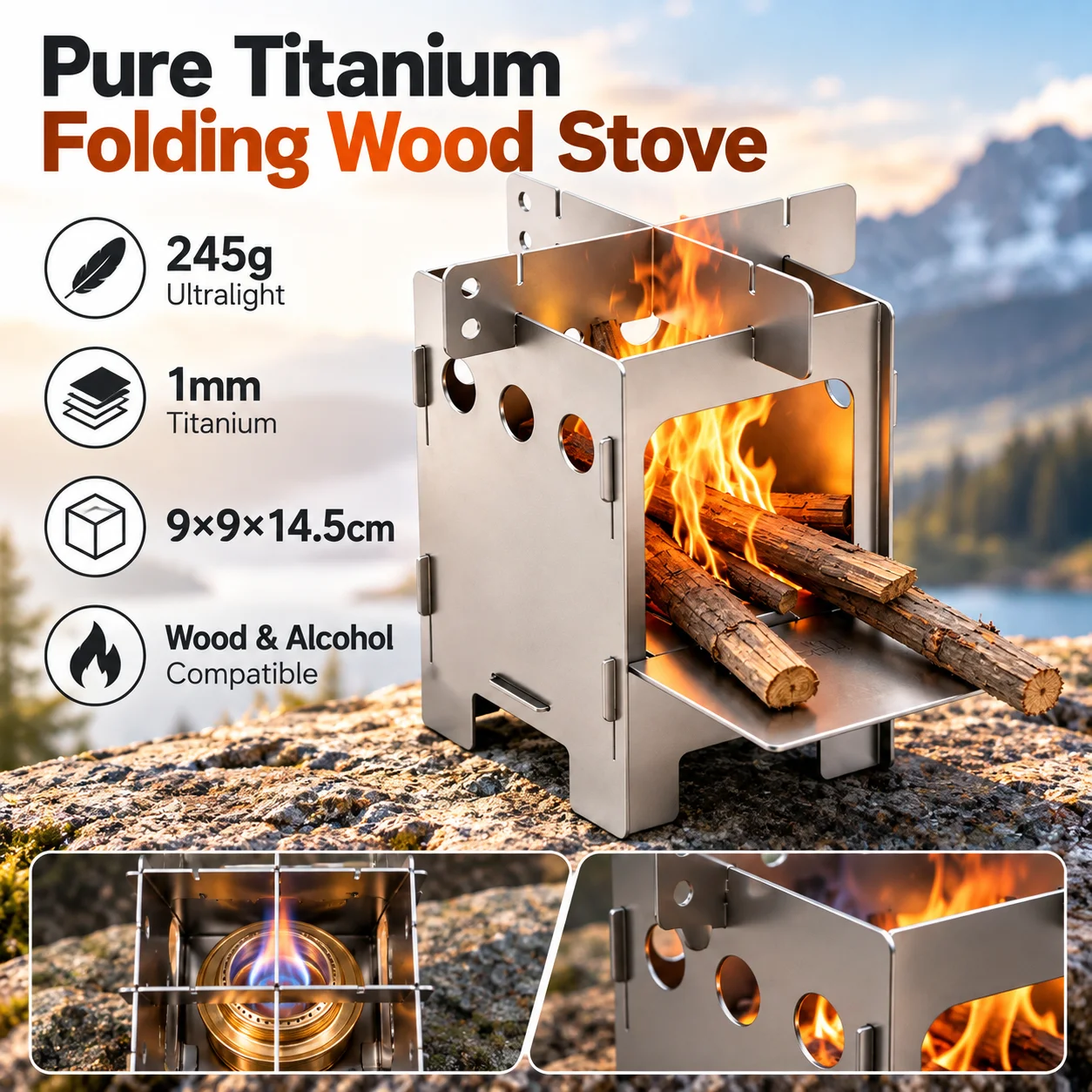 Ultralight Titanium Wood Stove Backpack - Pure Titanium Folding Wood Stove Ultralight