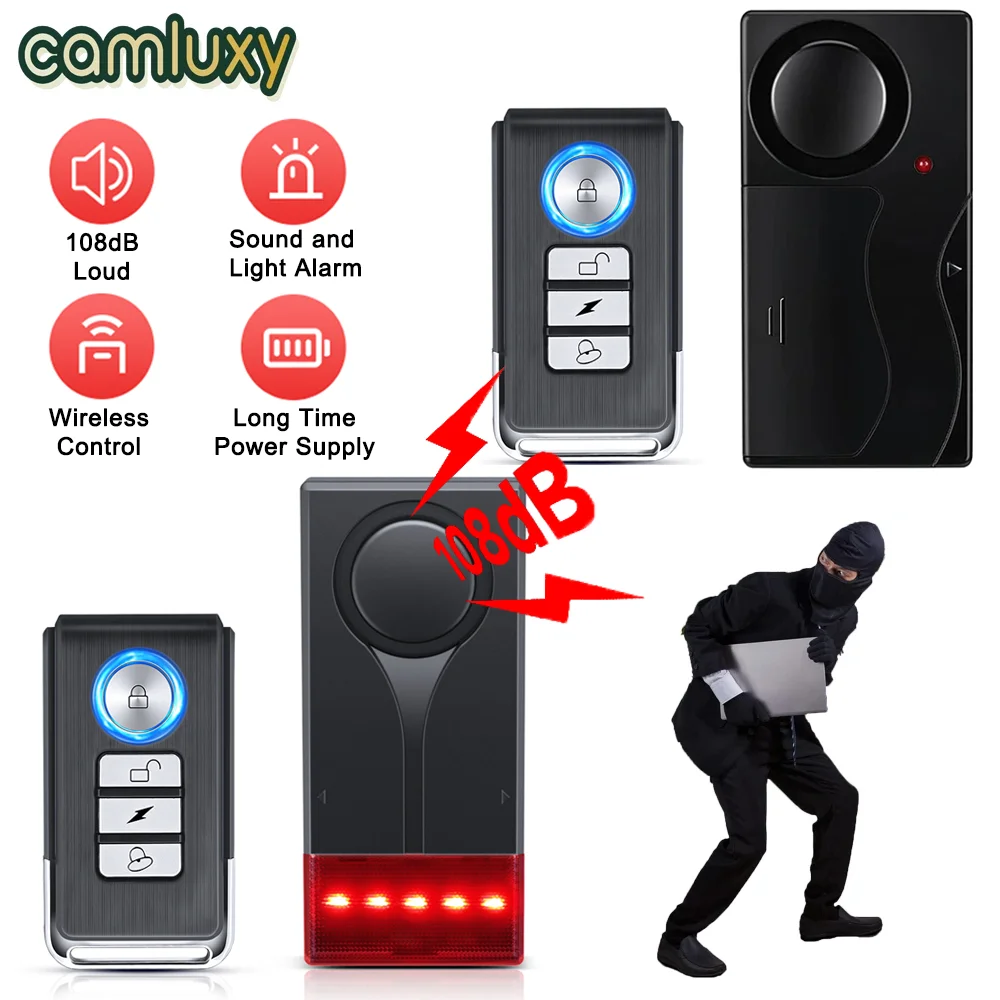 Camluxy Anti-Theft Alarm 108db Loud Door and Window Alarm Wireless Vibration Alarm with Remote Control Bicycle Security Sensors