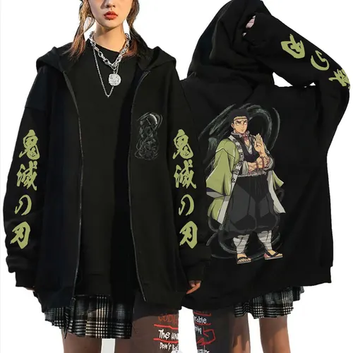 Sudadera con capucha con cremallera de Anime Demon Slayer Himejima Gyomei para hombre y mujer, chaqueta informal de gran tamaño con cremallera, sudadera Vintage con cremallera para hombre