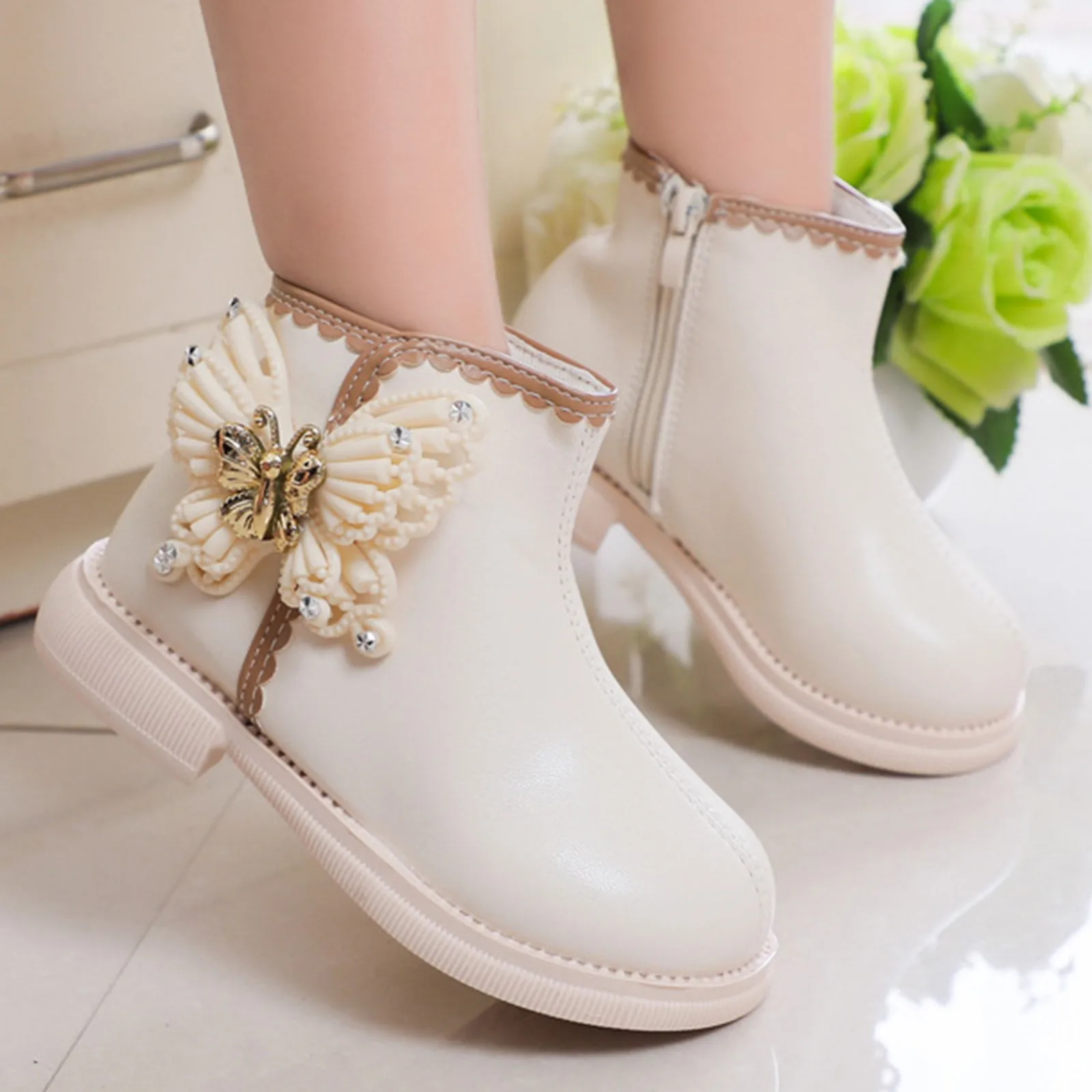 Autumn Winter Girls Ankle Boots Fashion Non-slip Quality Leather Short Boots Children Rhinestones Butterfly Fall Princess Boots