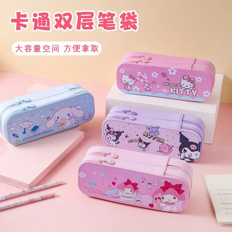 

Sanrios Pencil Case Cute Pu Large Capacity Torage Double Layer Kawaii Kuromi Cinnamoroll Melody Pencils Bag Supplies Stationery