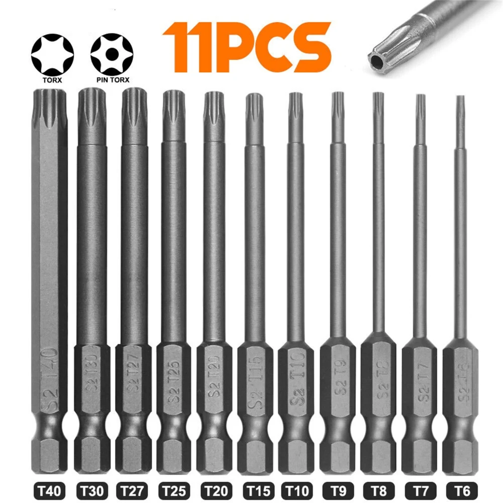 11pcs Torx Bit Set Extra Long Bit Socket S2 Alloy Steel Bit Screwdriver Wrench Drill Bit Set 1/4