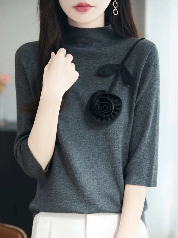 

Ele Mid-Sve Knitted Sweater Women's f High Collar Vintage lectual Base irt Early Autumn Five Sve Knitwear