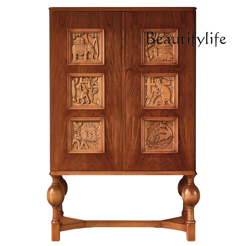 

Solid wood opposite door locker household dining side cabinet medieval entrance side cabinet simple carving