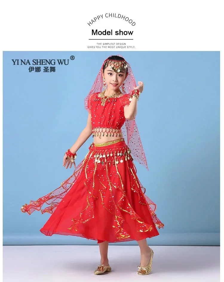 Indisches orientalisches ägyptisches Bauchtanz-Kostümset für Mädchen, 6 Farben, Bühnenoutfit für Kinder, Bauchtanzkleidung – Detail 7