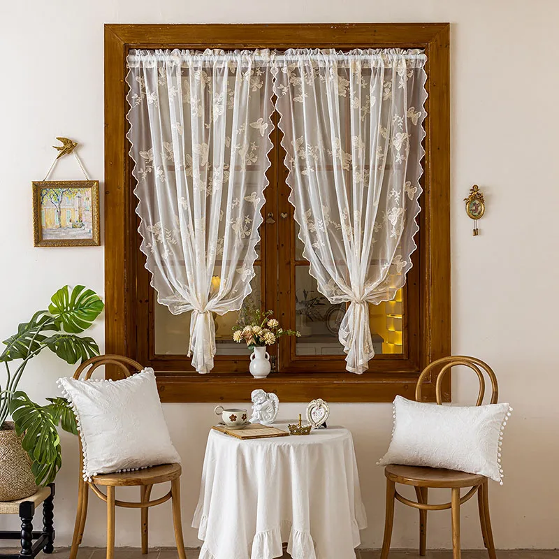 Korean Lace Embroidery Semi-Shading Curtain Cozy Sheer Window Drapes with Rod Pocket Soft Partition Door Curtain for Living Room
