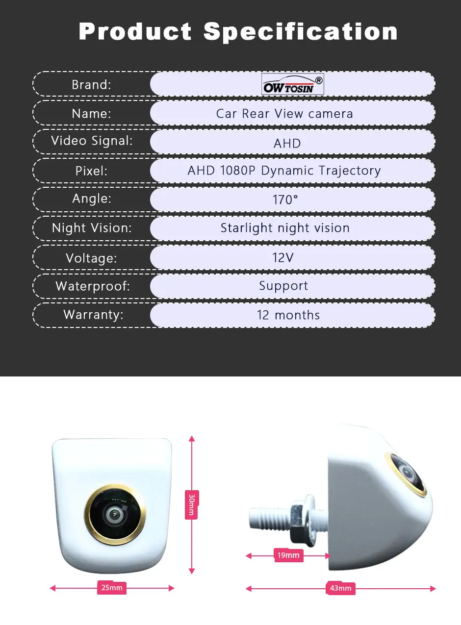 Dynamic Trajectory White AHD 1920*1080P Reverse Camera 170°Golden Lens Backup Vehicle Rear View Car Camera Android Monitor