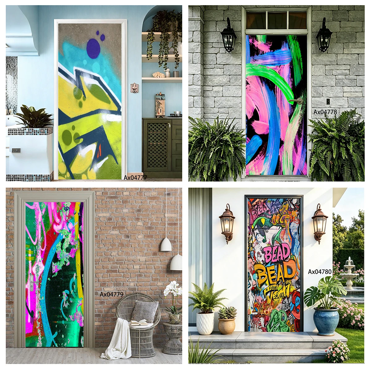 Bold Geometric Outline Bright Tone Graffiti Print Door Sticker Waterproof Peel-and-Stick for Closet
