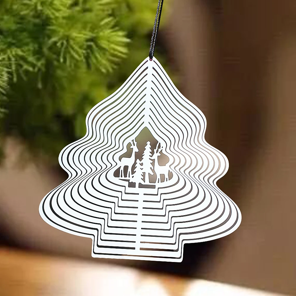 10cm Christmas Tree Elk Wind Spinner 3D Rotating Wind Chimes Mirror Reflection Effect Weathervane Outdoor Yard Hanging Decor