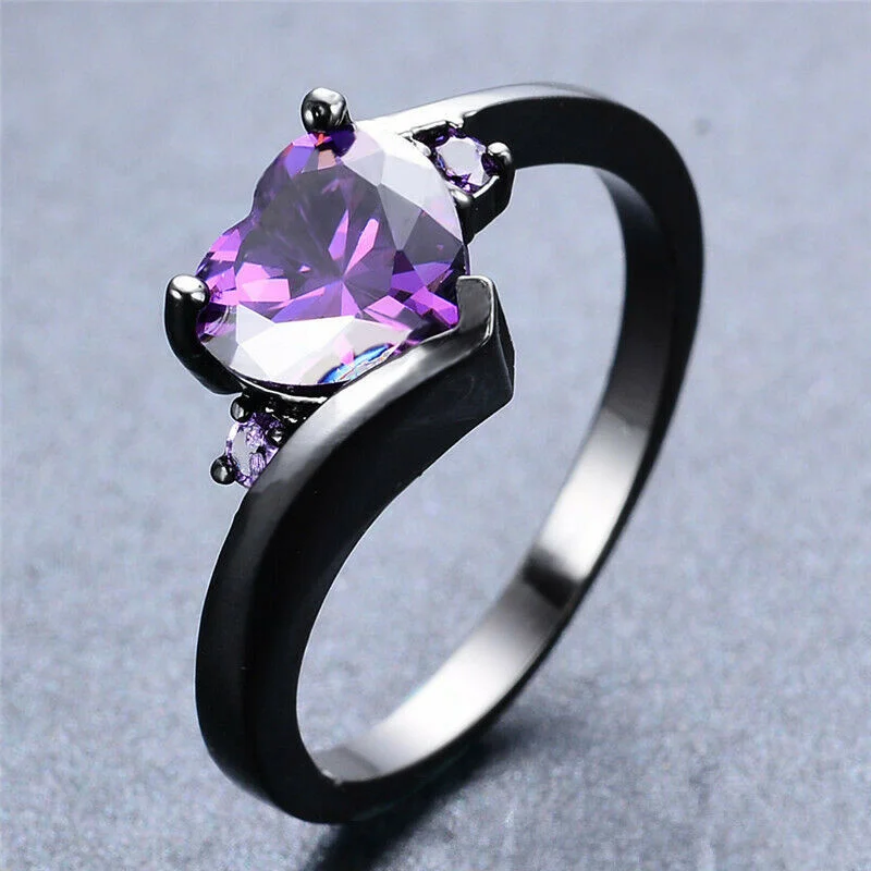 Heart Shaped Garnet with Zircon Black Gold Plated Women Ring Size 6-10
