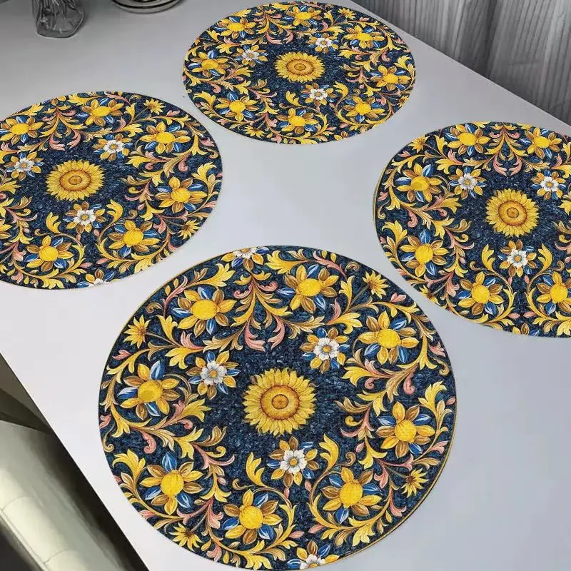 VIKAMA Retro American Blue Sunflower Round Linen Placemats, Heat Resistant Washable for Dining Table Home Decor