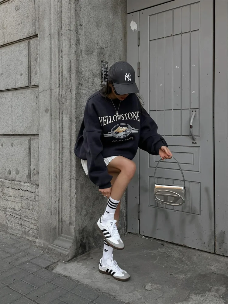 Sweat-shirt rétro américain doublé avec lettres imprimées pour femme, haut Simple et décontracté pour l'automne et l'hiver, nouvelle collection