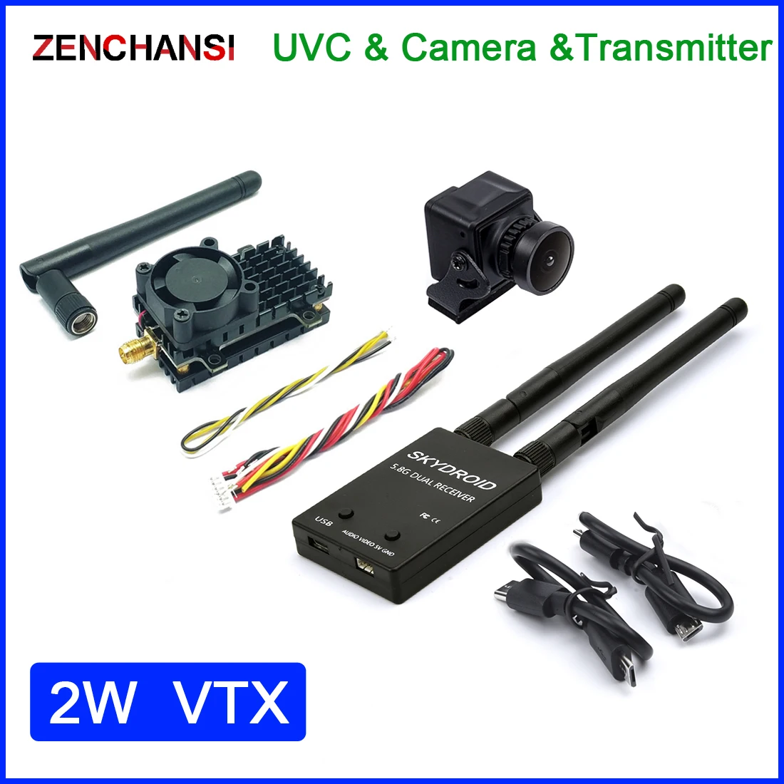 Ready to Use 5.8G 48CH 2000mW FPV VTX Transmitter & Skydroid FUAV UVC 150CH FPV Receiver & FPV 1200TVL Camera for RC Drone