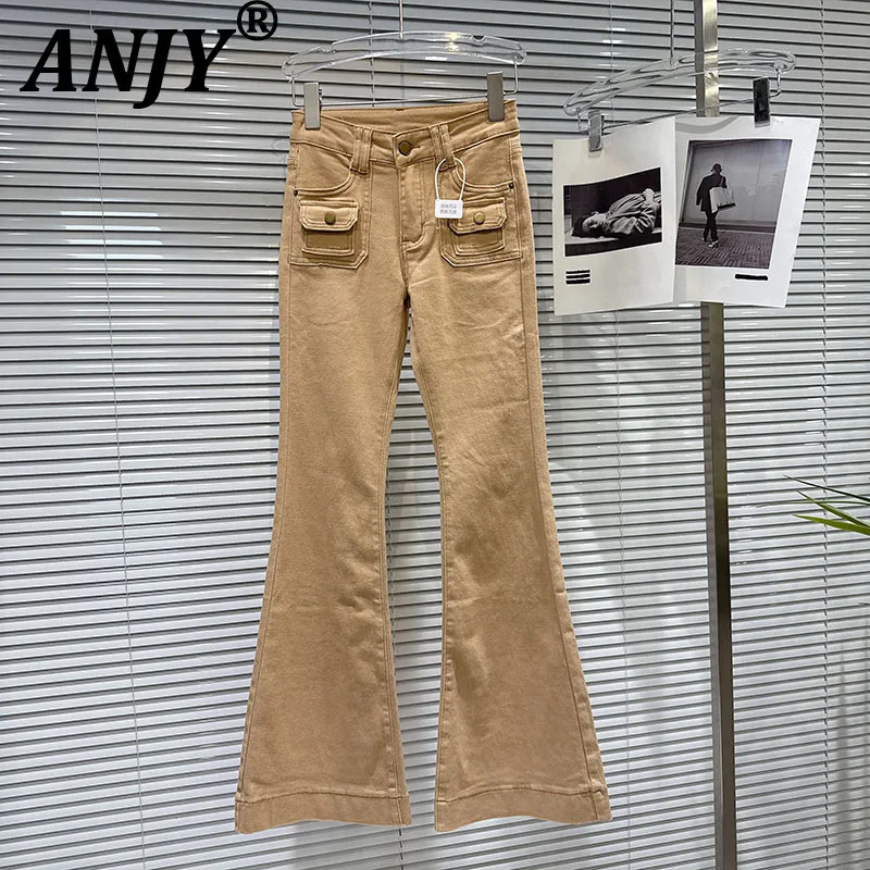 

ANJY 2025 Осенние новые женские трендовые джинсы Bootcut для девочек в стиле сафари с карманами, модные универсальные облегающие джинсовые брюки A12218