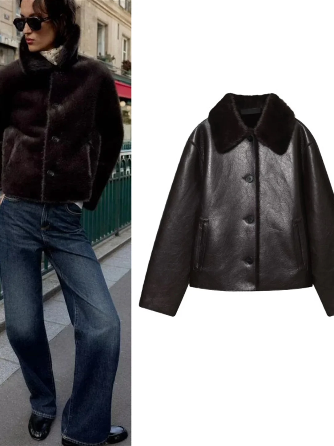 

Fashionable Double-Sided Faux Leather Jacket Coat High-End Feel Long Sleeve Turn-down Collar Women's New Winter Outerwear