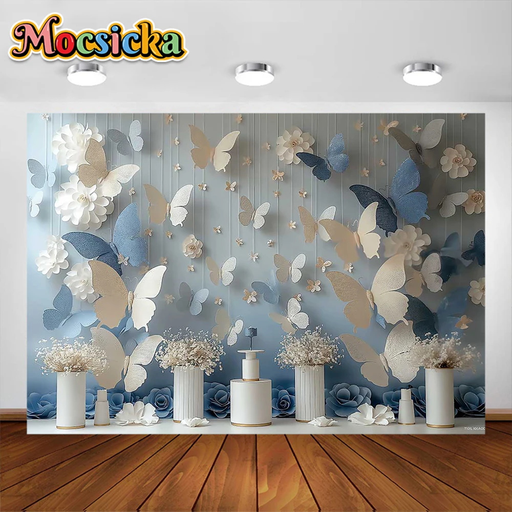 웨딩 사진 배경 화려한 꽃 나비 파티 장식, 소년 소녀 신생아 파티 배경, 스튜디오 소품