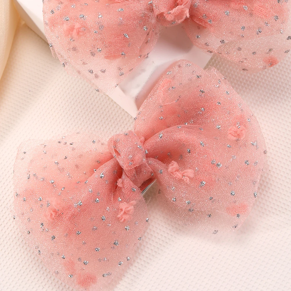 2PC Girls Pink Tulle Bow Decorative Hair Clips Hair Accessories Hairbows for Girls Kids Headwear Hair Pins