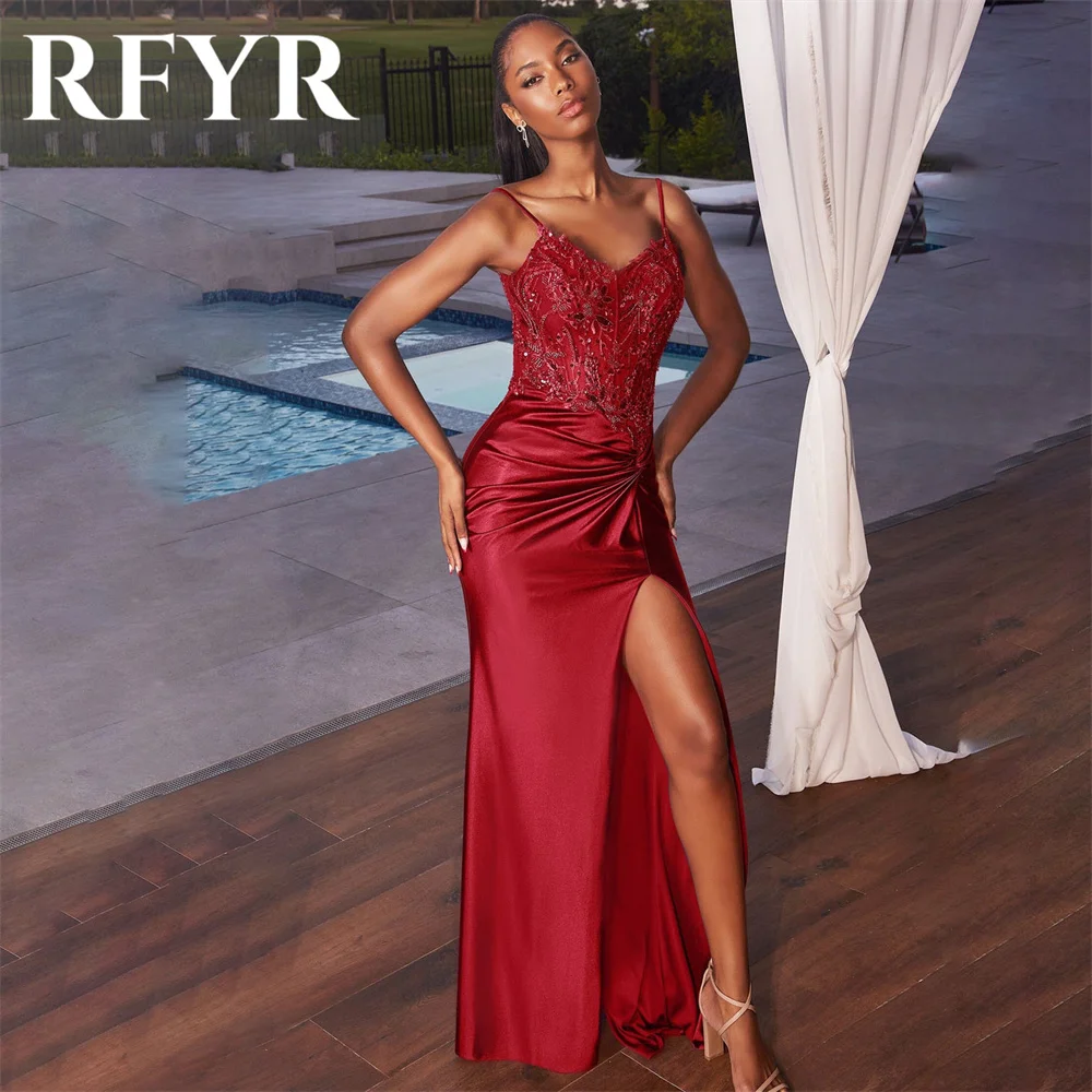 

RFYR Red Evening Dress for Party Spaghetti Strap V-Neck Sleeveless Pleats Mermaid Prom Gowns Split Celebrity Dresses Customized