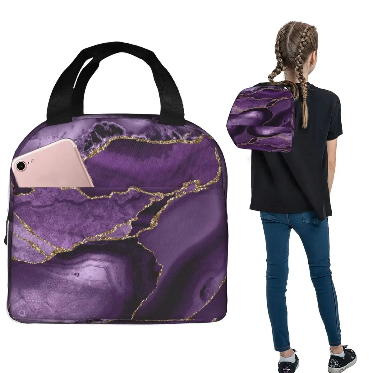 

Фиолетовая термосумка для обедов с абстрактным мраморным узором для женщин и детей, герметичная, для еды, термосумка-тоут
