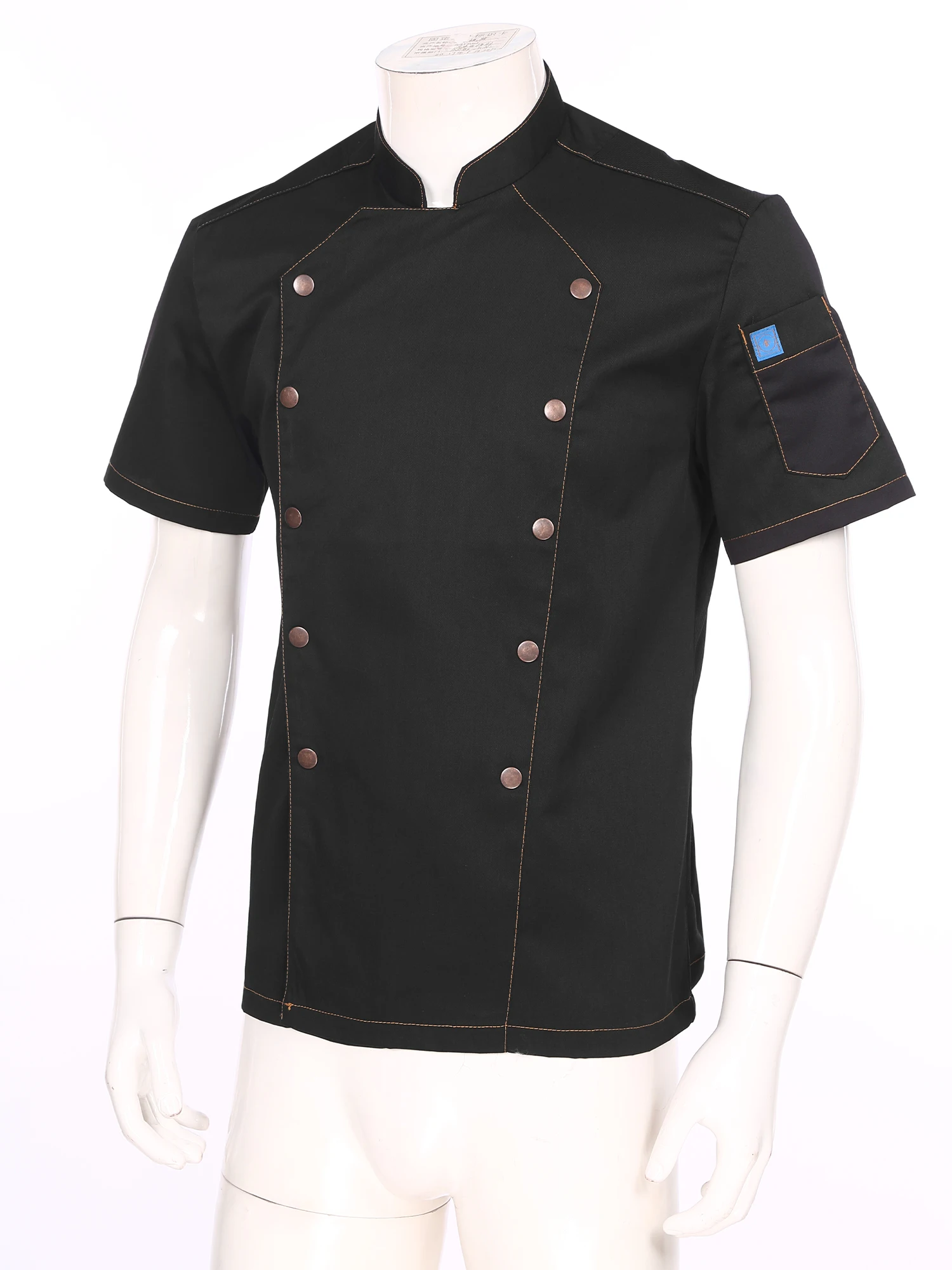 Kitchen Hotel Stand Collar Short Sleeve Restaurant Chef Jacket Mens Womens Double-Breasted Tops Cooks Uniform Tops