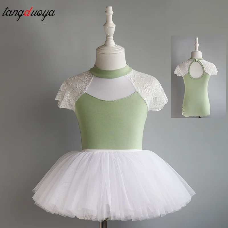 

Кружевные балетные трико для девочек с воротником-стойкой и открытой спиной, гимнастический купальник, хлопковое балетное боди, детские танцевальные трико для девочек