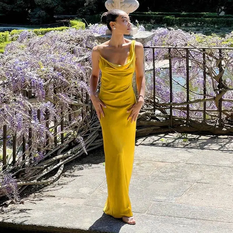 حزام 25237 السباغيتي مثير عارية الذراعين الساتان ثوب فستان طويل Ins نمط فستان سهرة أنيق 2025 فستان صيفي رداء Vestido النساء