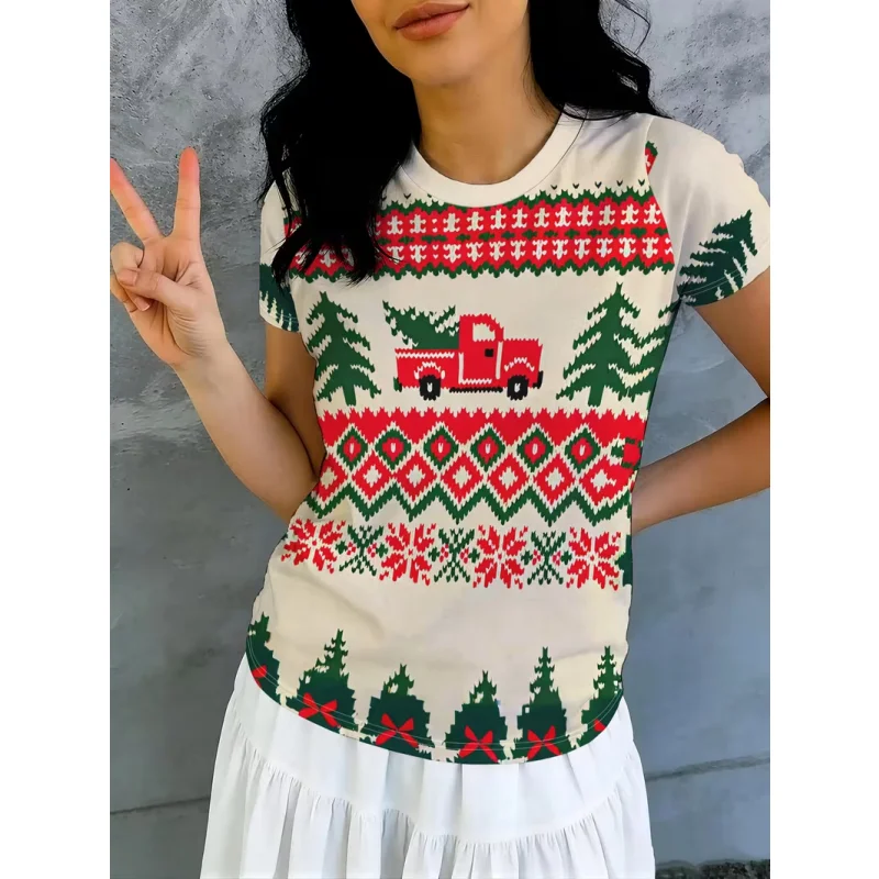 Ladies' Short Sleeved Round Neck Casual Christmas Party T-shirt 3D Fun Christmas Element Printed Regular Versatile Top T-shirt