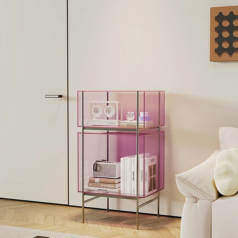 Acrylic minimalist multi-layer sofa side against the wall floor bookshelf small apartment living room storage display pink