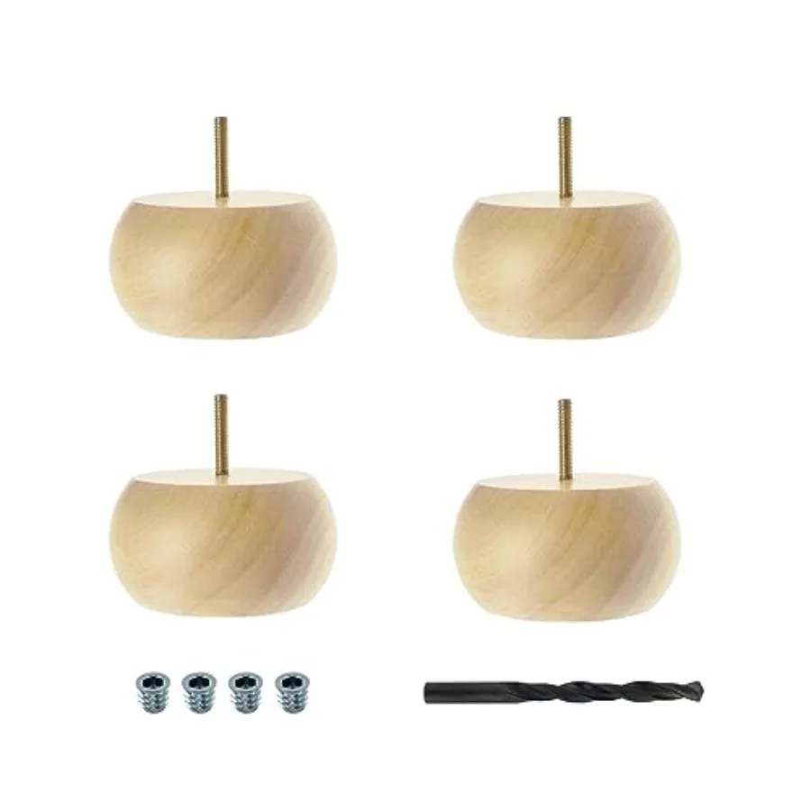 

3 in. H x 6 in. Dia Solid Hardwood Bun Feet Leg for Furniture 4 Pack with 4 Free Insert Nuts and Drill Bit