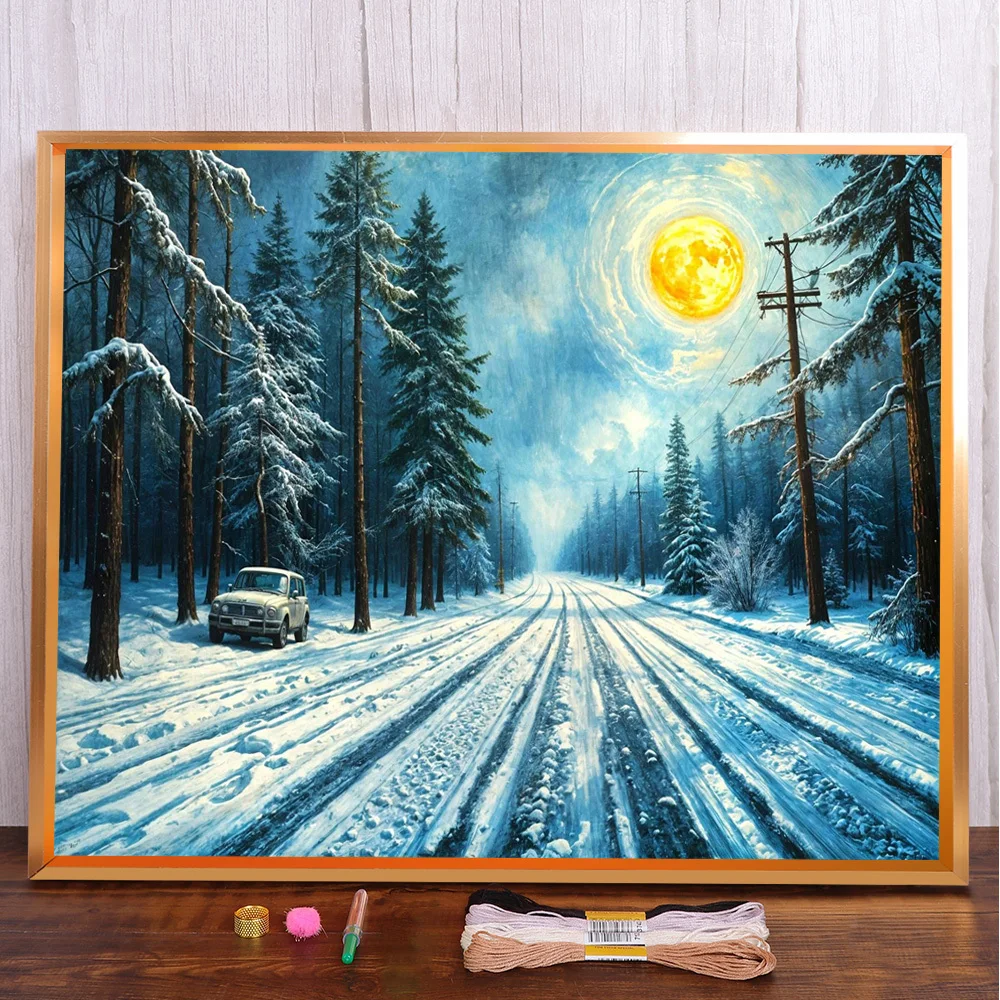 

Landscape Winter Road Printed Fabric Cross Stitch Set DIY Embroidery Needlework Handicraft Painting Hobby Gift Package Different