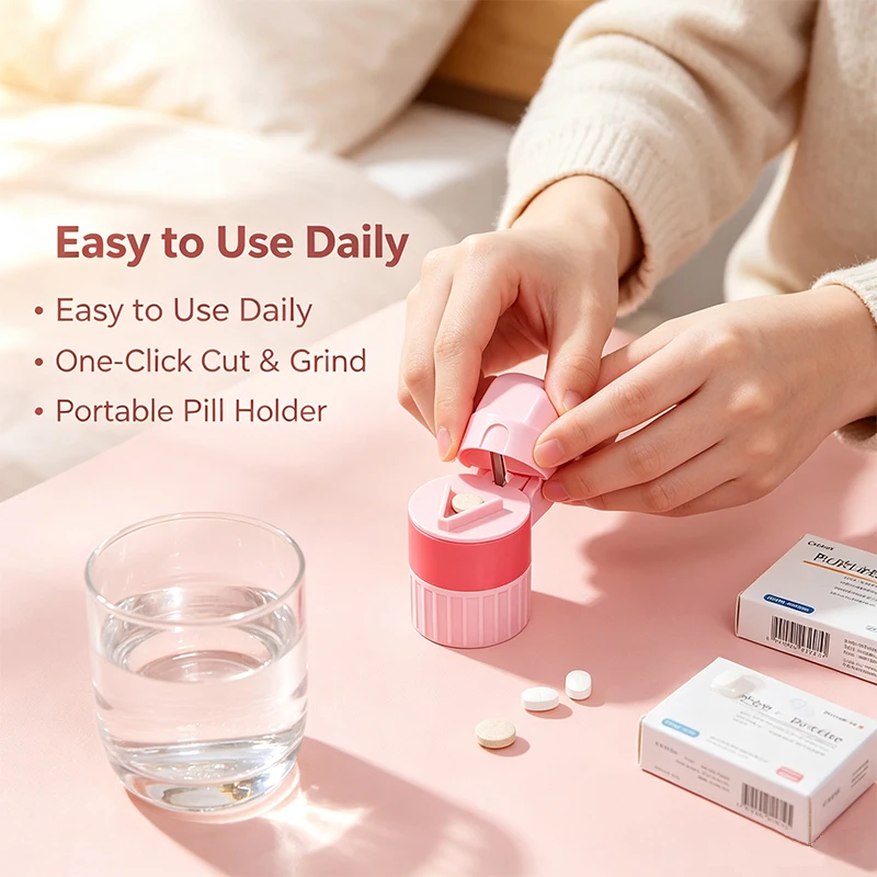Portable Pill Box Pill Cutter Medicine Splitter Pill Grinder Powder 4 In 1 Multifunction Storage Drug Container Pillbox FYQ009