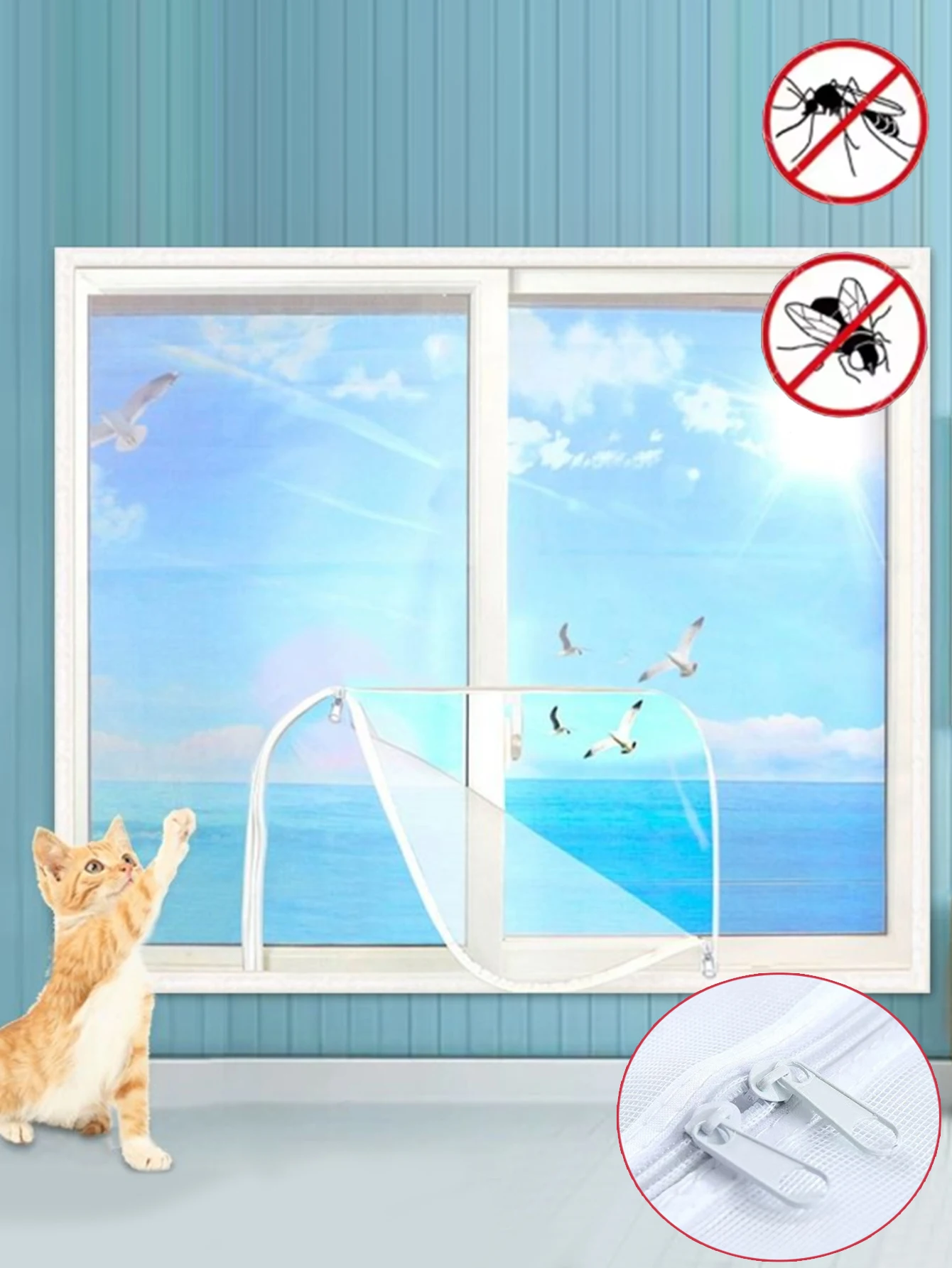 

Белые, U-образные окна на молнии, самоклеящиеся и многоразовые москитные сетки для окон, противомоскитные оконные экраны, тюль