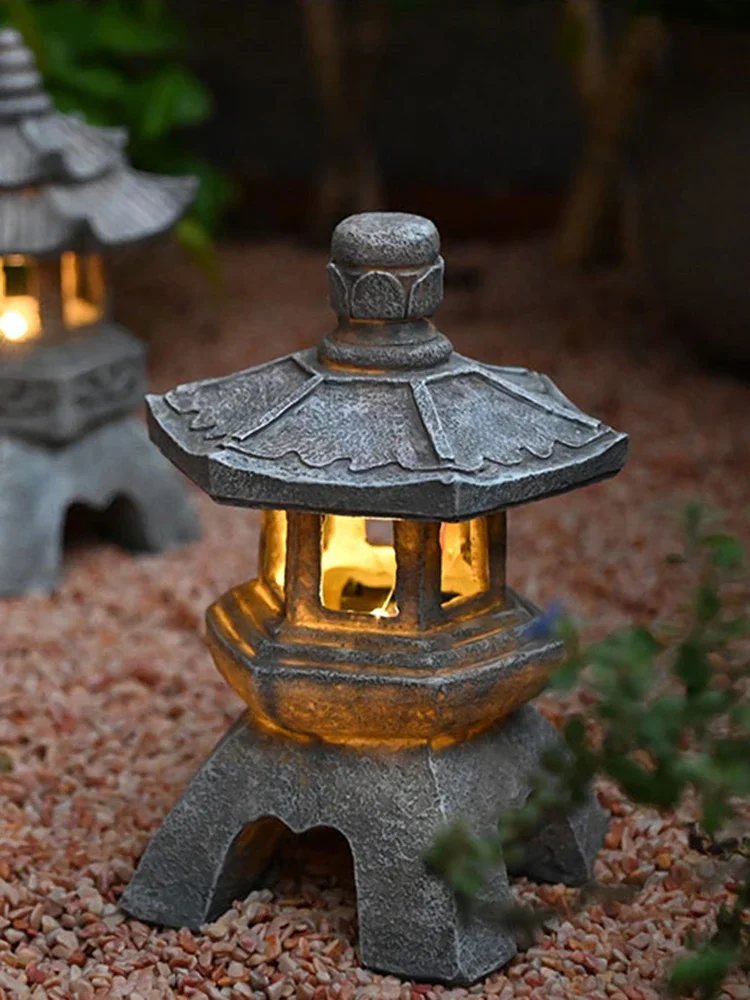 Solar powered stone tower lamp, Chinese imitation stone palace, courtyard decoration, garden art landscape, outdoor