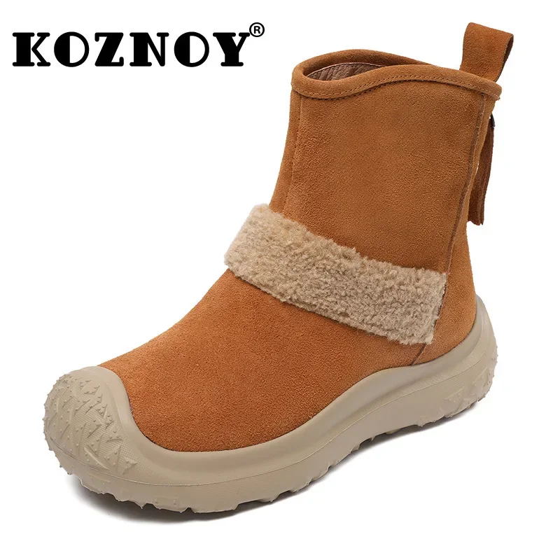 

Koznoy 5cm Women Boots Cow Suede Loafer Ankle ZIP Winter Plush Classic Basic Ladies ROME Genuine Leather Platform Wedge Shoes