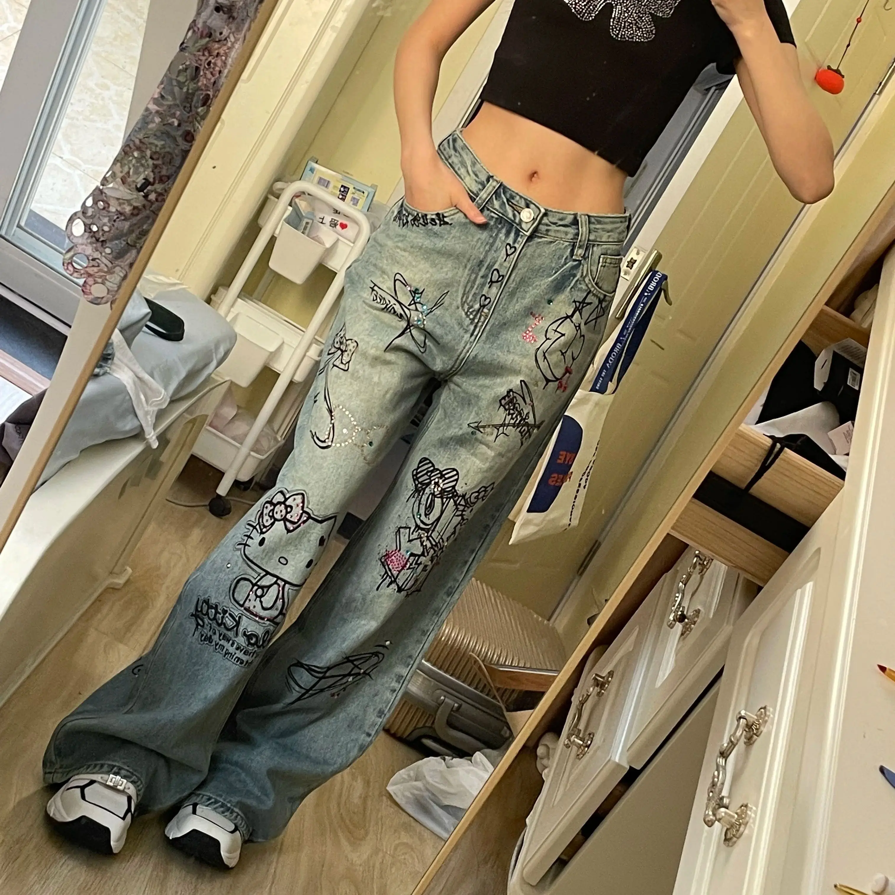 Sanrio Hello Kitty Graffiti Women Jeans American High Street Girl Denim Trousers New Loose Casual Wide Leg Pants Cartoon Cospaly