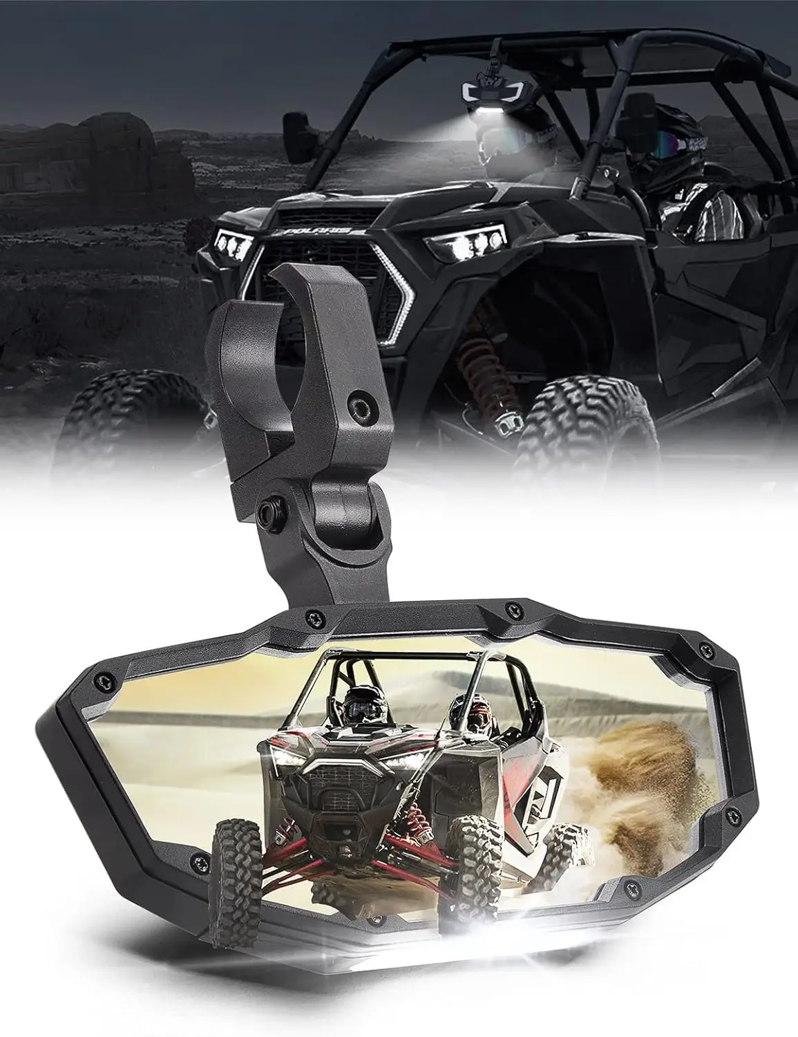 

UTV Rear View Mirror with Built-in LED Light, 360° Adjustable Heavy-Duty for 1.5-2 inch Roll Bar