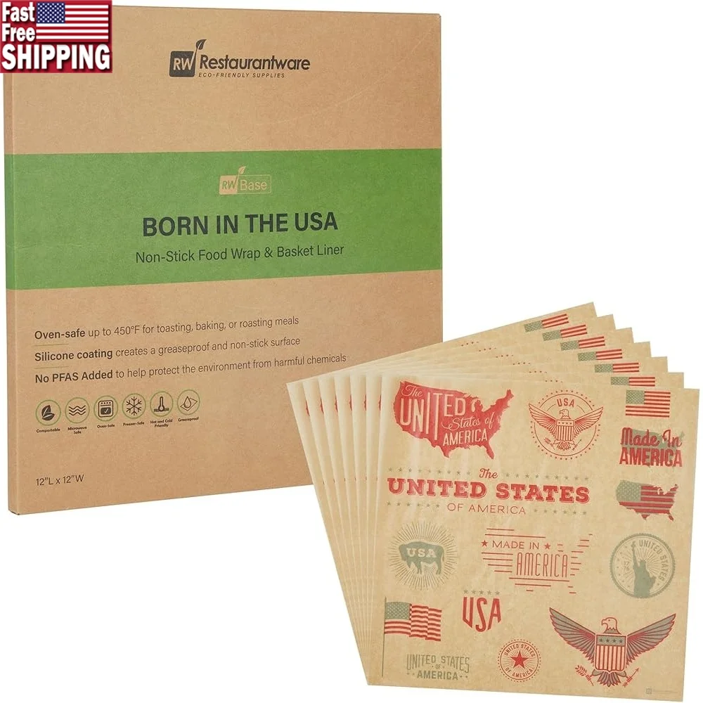 

12 Inch Deli Papers 200 Pack Greaseproof Kraft Sandwich Wraps No Added PFAS Disposable Food Basket Liners USA Inspired